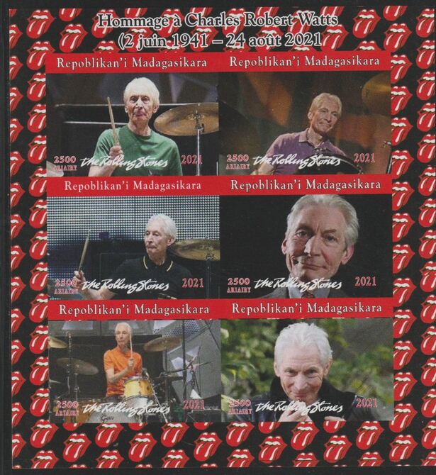 Madagascar 2021 Tribute to Charlie Watts (Rolling Stones) imperf sheet containing 6 values unmounted mint, stamps on personalities, stamps on music, stamps on rock, stamps on pops, stamps on rolling stones