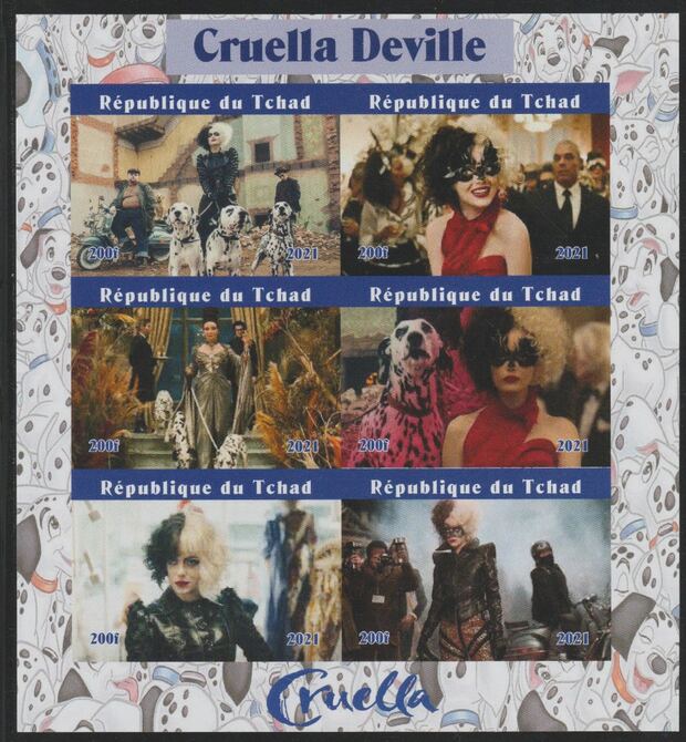 Chad 2021 Cruella De Vil imperf sheet containing 6 values unmounted mint, stamps on , stamps on  stamps on disney, stamps on  stamps on films, stamps on  stamps on cinema, stamps on  stamps on dogs, stamps on  stamps on dalmations, stamps on  stamps on movies