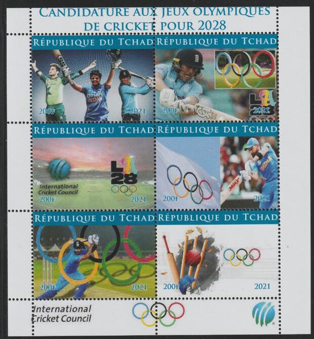 Chad 2021 Bid for Cricket Olympics 2028 perf sheet containing 6 values unmounted mint, stamps on olympics, stamps on cricket