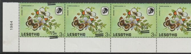 Lesotho 1986 Orange Tip Butterfly surcharged 15s on 3s horiz strip of 7 from the bottom of sheet showing surcharged misplaced obliquely, unmounted mint, as SG 725var, stamps on butterflies