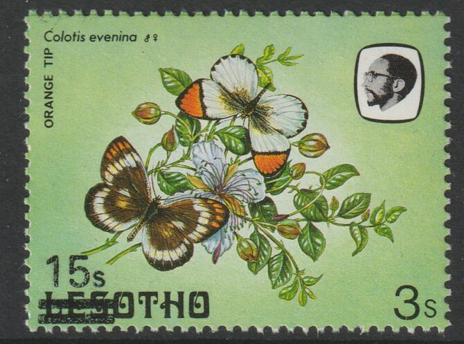 Lesotho 1986 Orange Tip Butterfly surcharged 15s on 3s unmounted mint single showing surcharge misplaced with bars obliterating the Country nane, as SG 725var, stamps on , stamps on  stamps on butterflies