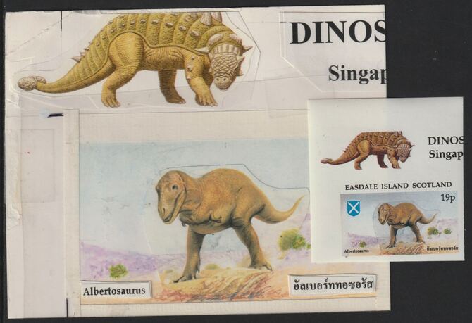 Easdale 1995 Albertosaurus 19p original composite artwork with overlay being stamp 1 from Singapore 95 Stamp Exhibition - Dinosaurs #1 size 150 x 120 mm complete with iss..., stamps on stamp exhibitions, stamps on dinosaurs