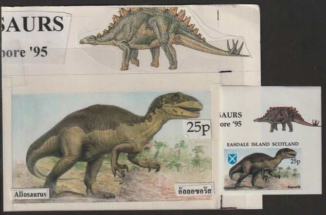 Easdale 1995 Allosaurus 25p original composite artwork with overlay being stamp 2 from Singapore 95 Stamp Exhibition - Dinosaurs #1 size 150 x 120 mm complete with issued stamp, stamps on , stamps on  stamps on stamp exhibitions, stamps on  stamps on dinosaurs