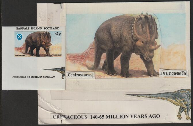 Easdale 1995 Centrosaurus 41p original composite artwork with overlay being stamp 3 from Singapore 95 Stamp Exhibition - Dinosaurs #2 size 150 x 120 mm complete with issued stamp (minor repairs), stamps on , stamps on  stamps on stamp exhibitions, stamps on  stamps on dinosaurs