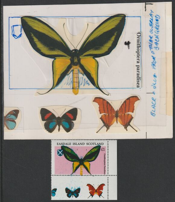 Easdale 1995 Butterfly Â£1 original composite artwork with overlay being stamp 4 from Singapore 95 Stamp Exhibition - Butterflies size 150 x 120 mm complete with issued stamp , stamps on , stamps on  stamps on stamp exhibitions, stamps on  stamps on butterflies