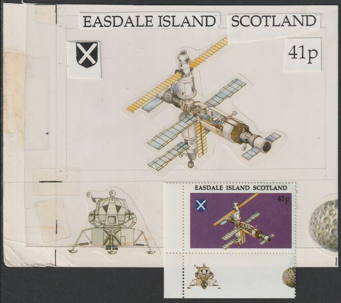 Easdale 1995 MIR Space Station 41p original composite artwork with overlay being stamp 3 from Singapore 95 Stamp Exhibition - Space size 150 x 120 mm complete with issued stamp , stamps on , stamps on  stamps on stamp exhibitions, stamps on  stamps on space, stamps on  stamps on  mir , stamps on  stamps on 