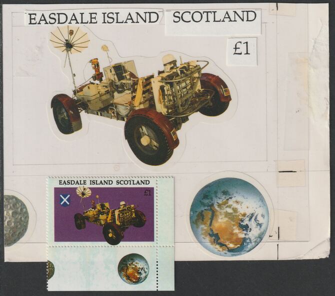 Easdale 1995 Moon Buggy £1 original composite artwork with overlay being stamp 4 from Singapore 95 Stamp Exhibition - Space size 150 x 120 mm complete with issued stamp , stamps on stamp exhibitions, stamps on space, stamps on 