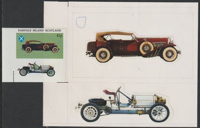 Easdale 1995 Early Car 41p original composite artwork without overlay being stamp 3 from Singapore 95 Stamp Exhibition - Cars size 150 x 120 mm complete with issued stamp , stamps on , stamps on  stamps on stamp exhibitions, stamps on  stamps on cars, stamps on  stamps on 