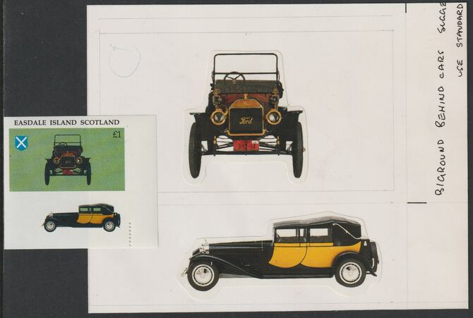 Easdale 1995 Early Car £1 original composite artwork without overlay being stamp 4 from Singapore 95 Stamp Exhibition - Cars size 150 x 120 mm complete with issued stamp..., stamps on stamp exhibitions, stamps on cars, stamps on 