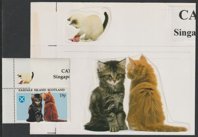 Easdale 1995 Domestic Cats 19p original composite artwork without overlay being stamp 1 from Singapore 95 Stamp Exhibition - Cars size 150 x 120 mm complete with issued s..., stamps on stamp exhibitions, stamps on cats, stamps on 