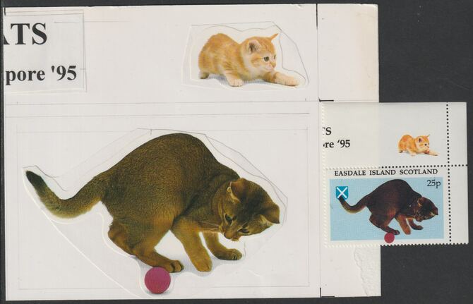 Easdale 1995 Domestic Cats 25p original composite artwork without overlay being stamp 2 from Singapore 95 Stamp Exhibition - Cars size 150 x 120 mm complete with issued s..., stamps on stamp exhibitions, stamps on cats, stamps on 