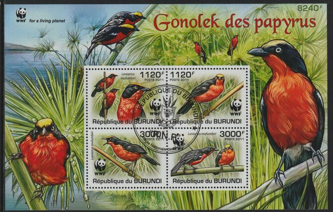 Burundi 2011 WWF - Gonolek perf sheetlet containing 4 values with special commemorative cancellation , stamps on birds, stamps on  wwf , stamps on gonolek