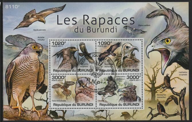 Burundi 2011 Birds of Prey perf sheetlet containing 4 values with special commemorative cancellation , stamps on birds, stamps on birds of prey, stamps on falcons