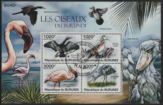 Burundi 2011 Birds of Burundi perf sheetlet containing 4 values with special commemorative cancellation , stamps on birds, stamps on 