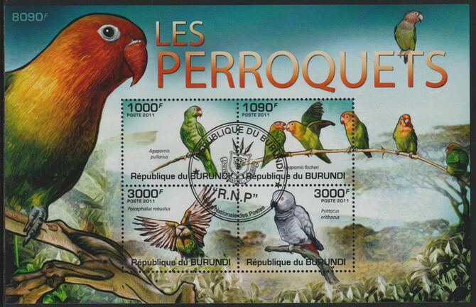 Burundi 2011 Birds - Parrots perf sheetlet containing 4 values with special commemorative cancellation , stamps on birds, stamps on parrots