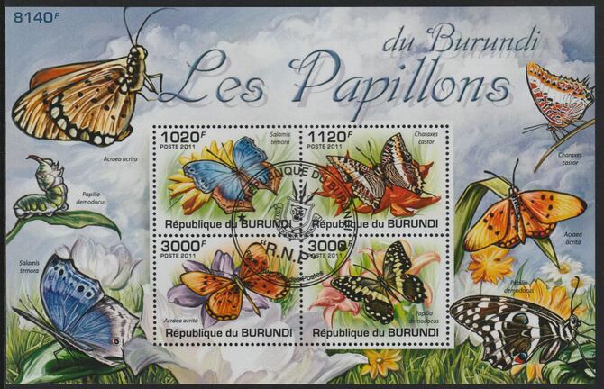 Burundi 2011 Butterflies of Burundi perf sheetlet containing 4 values with special commemorative cancellation , stamps on insects, stamps on butterflies