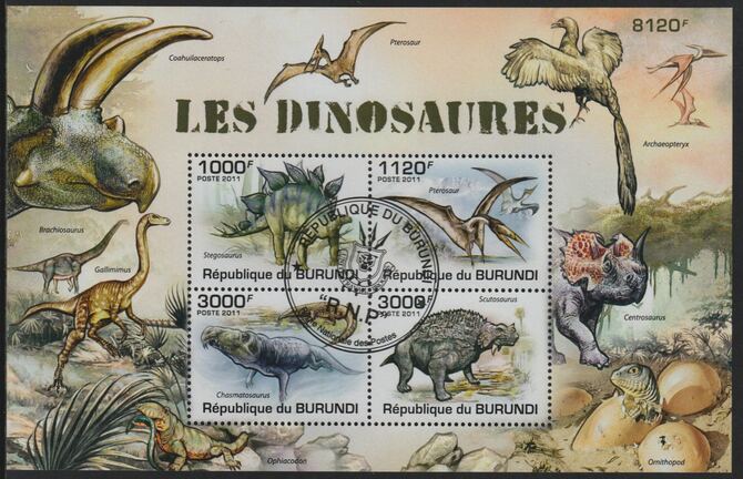 Burundi 2011 Dinosaurs perf sheetlet containing 4 values with special commemorative cancellation , stamps on dinosaurs