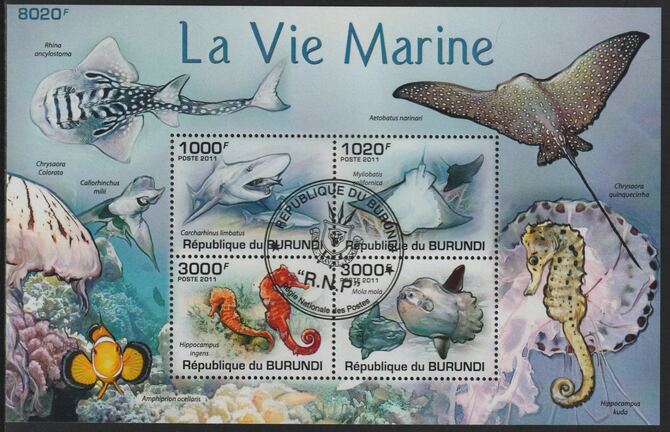 Burundi 2011 Marine Life perf sheetlet containing 4 values with special commemorative cancellation , stamps on marine life, stamps on fish, stamps on sea horse, stamps on 