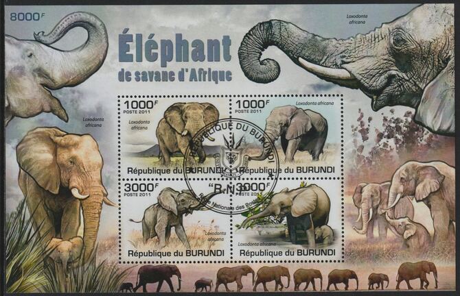 Burundi 2011 Elephants perf sheetlet containing 4 values with special commemorative cancellation , stamps on elephants