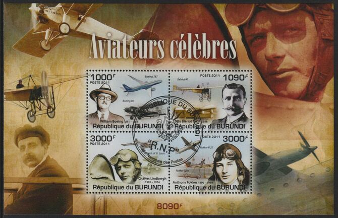 Burundi 2011 Famous Aviators perf sheetlet containing 4 values with special commemorative cancellation , stamps on personalities, stamps on aviation, stamps on boeing, stamps on bleriot, stamps on lindberghfokker