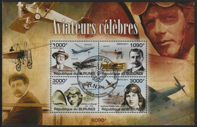 Burundi 2011 Famous Aviators perf sheetlet containing 4 values with special commemorative cancellation , stamps on , stamps on  stamps on personalities, stamps on  stamps on aviation, stamps on  stamps on boeing, stamps on  stamps on bleriot, stamps on  stamps on lindberghfokker