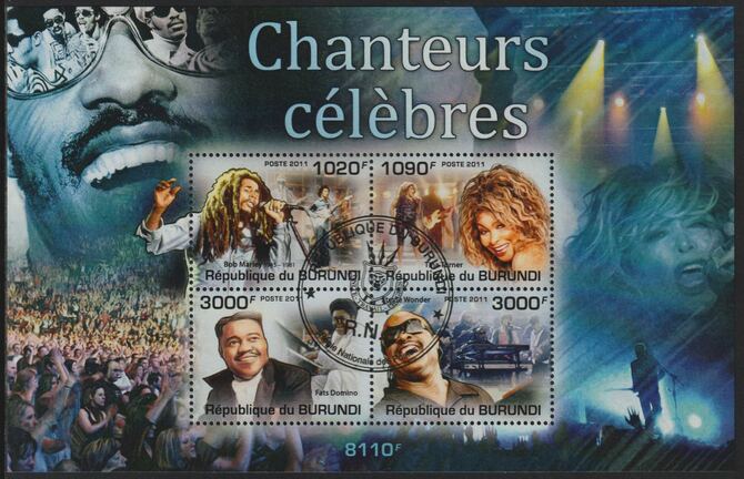 Burundi 2011 Famous Singers perf sheetlet containing 4 values with special commemorative cancellation , stamps on , stamps on  stamps on personalities, stamps on  stamps on music, stamps on  stamps on bob marley, stamps on  stamps on tina turner, stamps on  stamps on fats domino, stamps on  stamps on stevie wonder