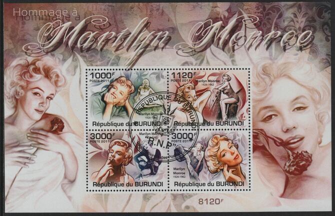 Burundi 2011 Marilyn Monroe perf sheetlet containing 4 values with special commemorative cancellation , stamps on , stamps on  stamps on personalities, stamps on  stamps on films, stamps on  stamps on cinema, stamps on  stamps on movies, stamps on  stamps on marilyn, stamps on  stamps on monroe