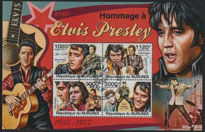 Burundi 2011 Elvis Presley perf sheetlet containing 4 values with special commemorative cancellation , stamps on , stamps on  stamps on personalities, stamps on  stamps on films, stamps on  stamps on cinema, stamps on  stamps on movies, stamps on  stamps on elvis, stamps on  stamps on music, stamps on  stamps on rock