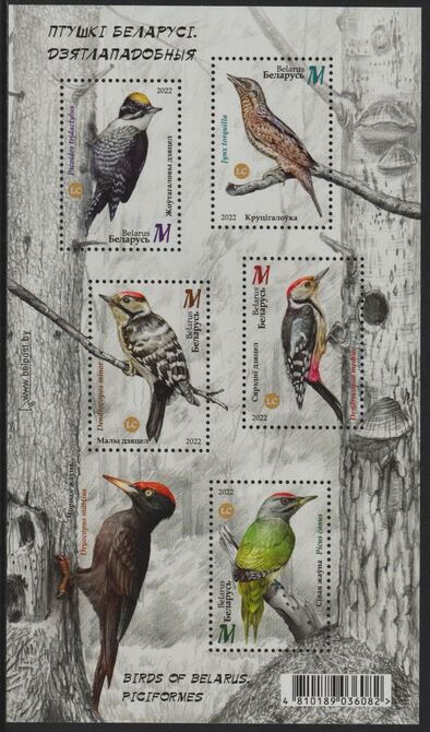 Belarus 2022 Birds perf sheetlet containing 5 values unmounted mint, stamps on , stamps on  stamps on birds, stamps on  stamps on woodpeckers, stamps on  stamps on 