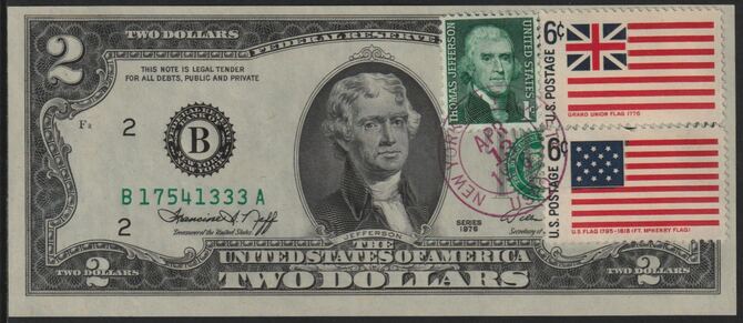 United States 1976 Jefferson $2 banknote bearing Jefferson 1c stamp plus 2 x 6c Flag stamps all tied with New York cancel of 13 April 1976, the first day of issue of the banknote, stamps on presidents, stamps on jefferson