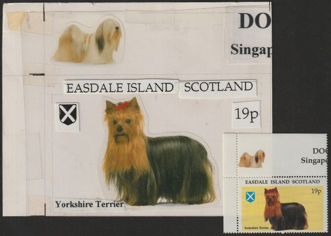 Easdale 1995 Dogs 19p Yorkshire Terrier original composite artwork with overlay being stamp 1 from Singapore 95 Stamp Exhibition - Dogs size 150 x 120 mm complete with issued stamp , stamps on , stamps on  stamps on stamp exhibitions, stamps on  stamps on dogs, stamps on  stamps on 