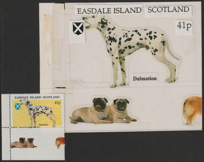 Easdale 1995 Dogs 41p Dalmation original composite artwork with overlay being stamp 3 from Singapore 95 Stamp Exhibition - Dogs size 150 x 120 mm complete with issued sta..., stamps on stamp exhibitions, stamps on dogs, stamps on 