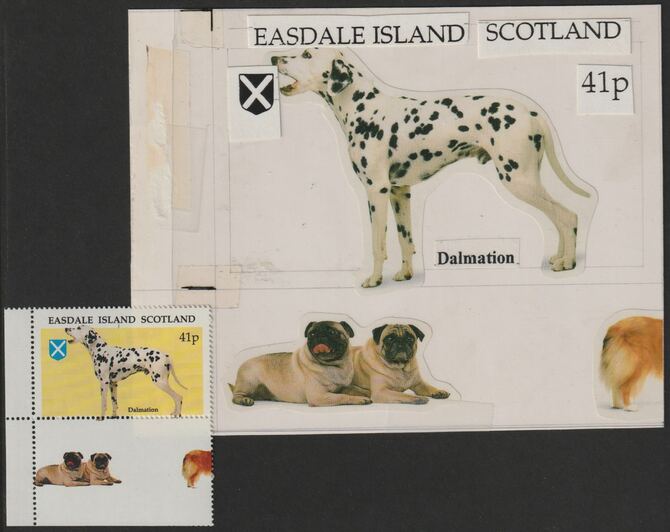Easdale 1995 Dogs 41p Dalmation original composite artwork with overlay being stamp 3 from Singapore 95 Stamp Exhibition - Dogs size 150 x 120 mm complete with issued sta..., stamps on stamp exhibitions, stamps on dogs, stamps on 