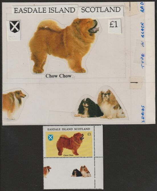 Easdale 1995 Dogs Â£1 hhow original composite artwork with overlay being stamp 4 from Singapore 95 Stamp Exhibition - Dogs size 150 x 120 mm complete with issued stamp , stamps on , stamps on  stamps on stamp exhibitions, stamps on  stamps on dogs, stamps on  stamps on 