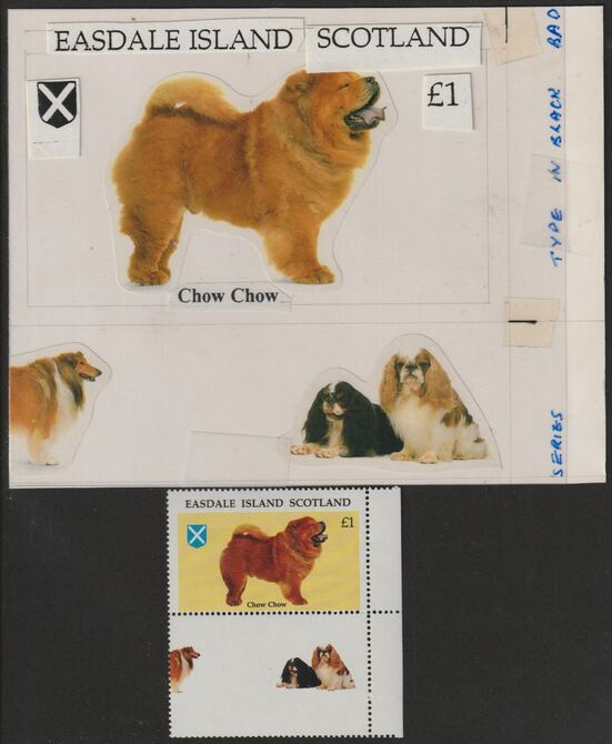 Easdale 1995 Dogs £1 hhow original composite artwork with overlay being stamp 4 from Singapore 95 Stamp Exhibition - Dogs size 150 x 120 mm complete with issued stamp , stamps on stamp exhibitions, stamps on dogs, stamps on 