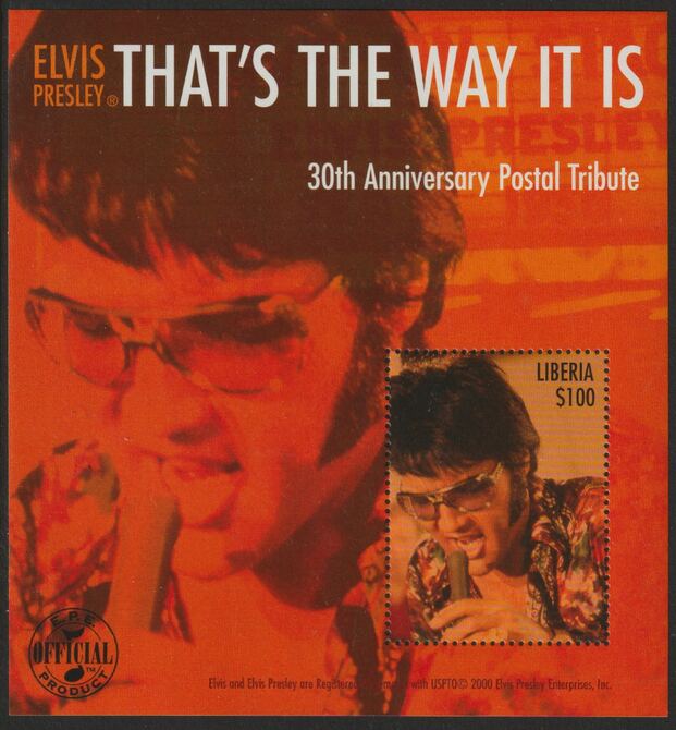 Liberia 2000 Elvis Presley - Thats the Way it Is perf souvenir sheet unmounted mint, stamps on music, stamps on elvis, stamps on pops, stamps on rock, stamps on films, stamps on movies, stamps on cinema