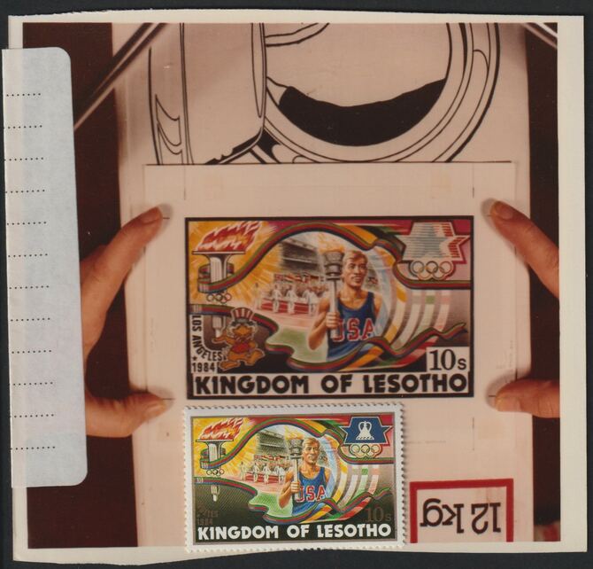 Lesotho 1984 Los Angeles Olympic Games coloured photograph of essay for 10s value showing Torch Bearer, with official label on reverse giving technical details plus issue..., stamps on sport, stamps on olympics