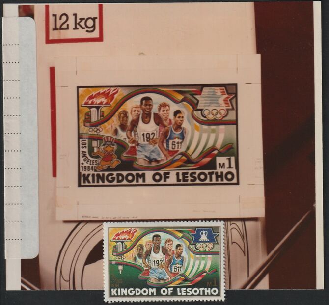 Lesotho 1984 Los Angeles Olympic Games coloured photograph of essay for 1m value showing Running with official label on reverse giving technical details plus issued stamp SG 594, stamps on , stamps on  stamps on sport, stamps on  stamps on olympics, stamps on  stamps on running