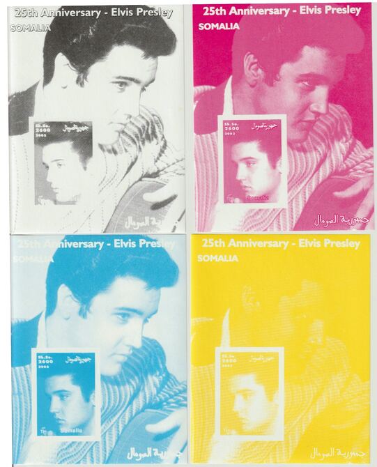 Somalia 2002 25th Death Anniversary of Elvis Presley m/sheet the set of 4  imperf progressive proofs comprising the four individual colours, unmounted mint, stamps on , stamps on  stamps on personalities, stamps on  stamps on elvis, stamps on  stamps on music, stamps on  stamps on rock, stamps on  stamps on movies, stamps on  stamps on films