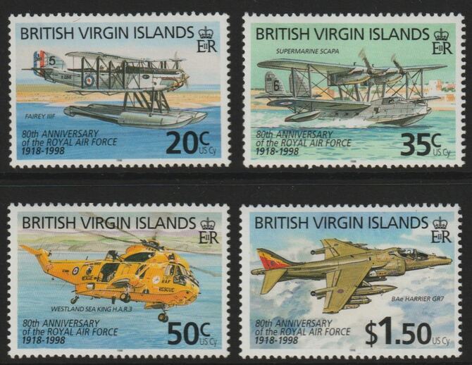 British Virgin Islands 1998 80th Anniversary of Royal Air Force perf set of 4 unmounted mint SG 990-93, stamps on aviation