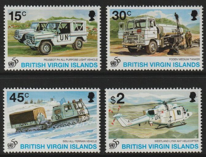 British Virgin Islands 1995 50th Anniversary of United Nations perf set of 4 unmounted mint SG 903-06, stamps on , stamps on  stamps on aviation, stamps on  stamps on trucks, stamps on  stamps on tankers, stamps on  stamps on helicopters, stamps on  stamps on united nations