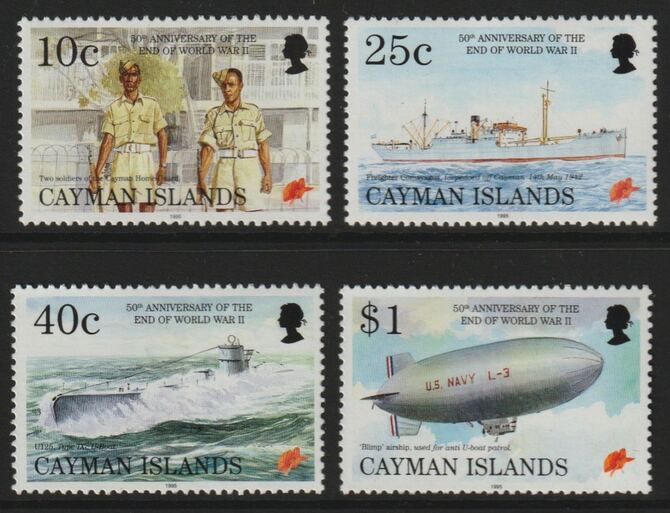 Cayman Islands 1995 50th Anniversary of End of World War II perf set of 4 unmounted mint SG 805-08, stamps on ships, stamps on  ww2 , stamps on submarines, stamps on airships