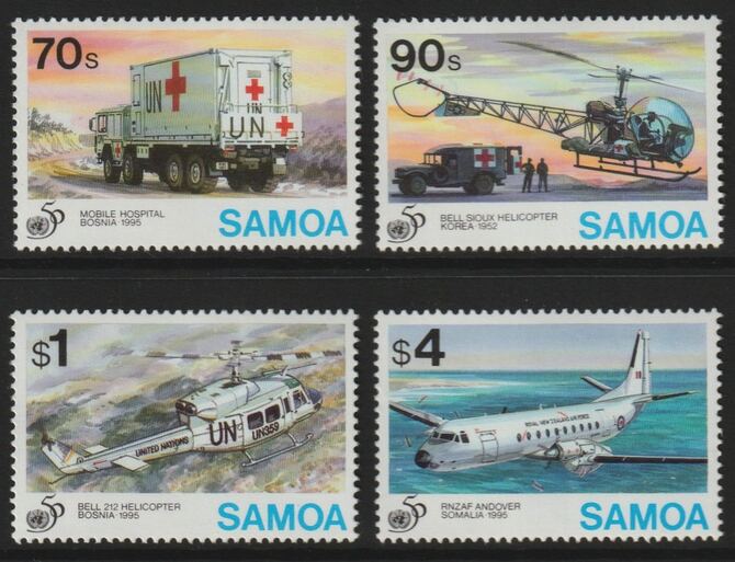 Samoa 1995 50th Anniversary of United Nations perf set of 4 unmounted mint SG 971-74, stamps on aviation, stamps on trucks, stamps on aviation, stamps on helicopters, stamps on united nations