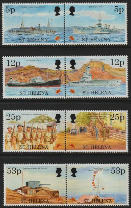 St Helena 1995 50th Anniversary of End of World War II perf set of 8 (4 se-tenant pairs) unmounted mint SG 690-97, stamps on , stamps on  stamps on ships, stamps on  stamps on  ww2 , stamps on  stamps on , stamps on  stamps on militaria