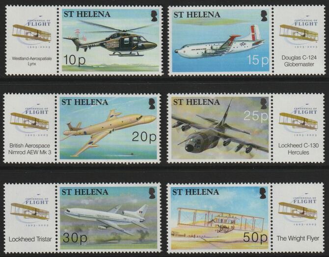 St Helena 2003 Centenary of Powered FlightI perf set of 6 unmounted mint SG 905-10, stamps on aviation, stamps on helicopters