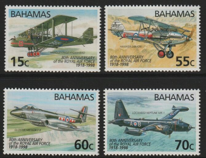 Bahamas 1998 80th Anniversary of Royal Air Force perf set of 4 unmounted mint SG 1132-35, stamps on aviation, stamps on 