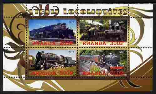 Rwanda 2010 Steam Locomotives #2 perf sheetlet containing 4 values unmounted mint, stamps on , stamps on  stamps on railways