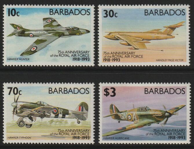 Barbados 1993 75th Anniversary of Royal Air Force perf set of 4 unmounted mint SG 991-94, stamps on , stamps on  stamps on aviation, stamps on  stamps on hurricane