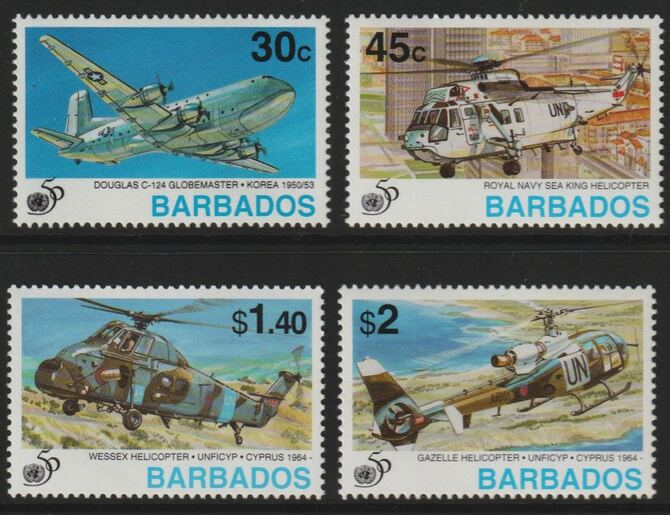 Barbados 1995 50th Anniversary of United Nations perf set of 4 unmounted mint SG 1058-61, stamps on aviation, stamps on helicopters, stamps on united nations