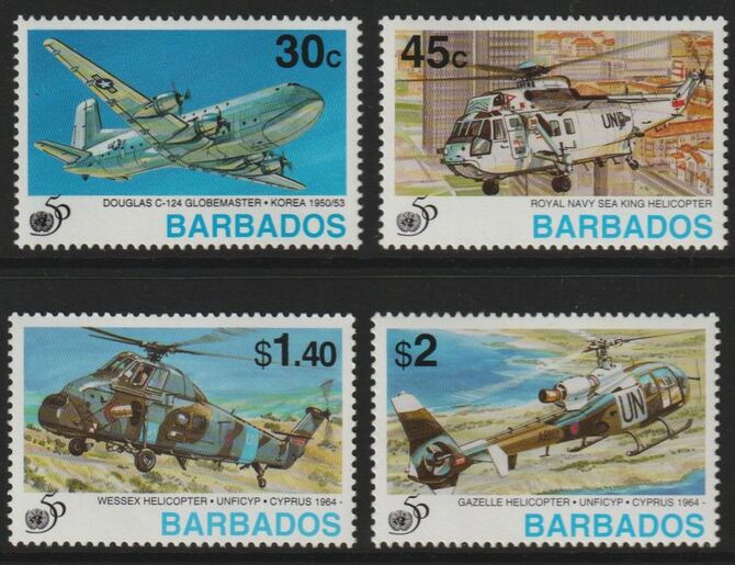 Barbados 1995 50th Anniversary of United Nations perf set of 4 unmounted mint SG 1058-61, stamps on , stamps on  stamps on aviation, stamps on  stamps on helicopters, stamps on  stamps on united nations